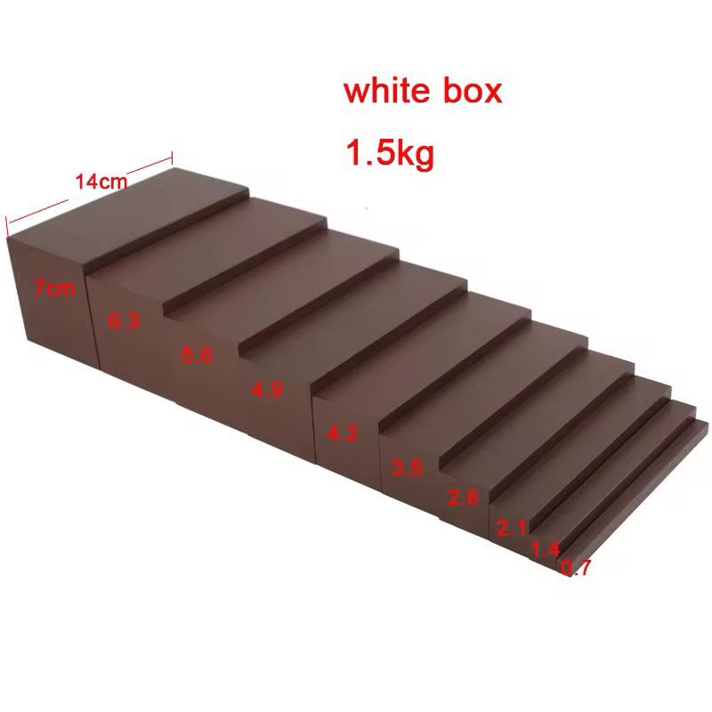 Montessori Brown Stairs Mini showing size measurements of each prism from 1.1 cm to 7 cm thickness, homeschool version