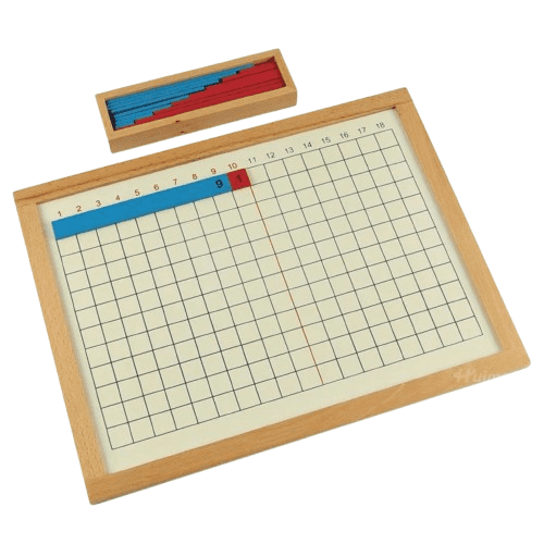 Montessori Addition Strip Board with red and blue number strips and wooden frame for hands-on early math learning.