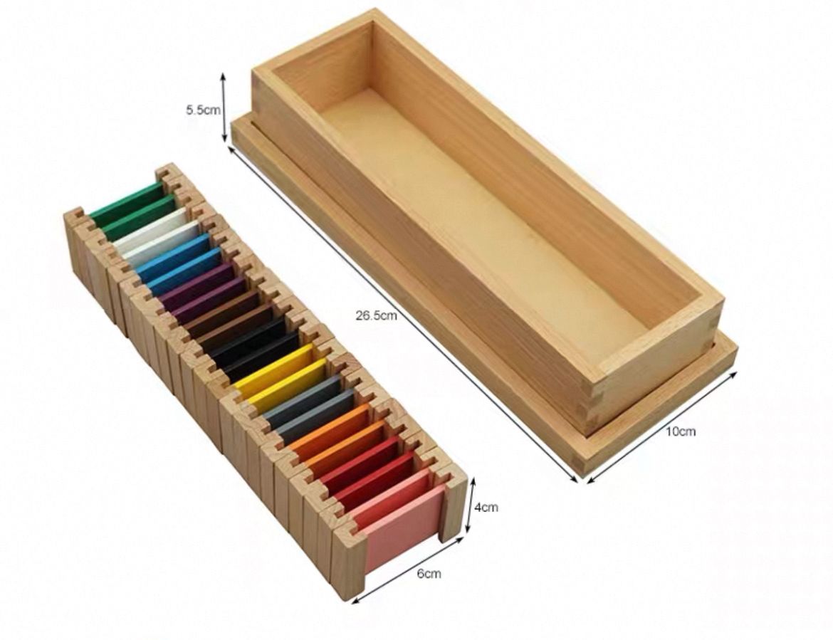 Montessori Color Box 2 with wooden storage box and size measurements shown
