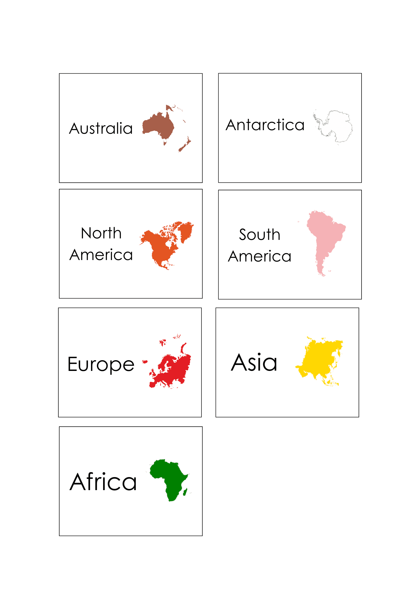 Printable Montessori culture pouch labels featuring world continents including Asia, Africa, Europe, Australia, Antarctica, North America, and South America