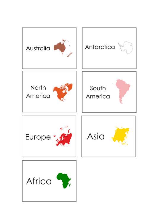 Printable Montessori culture pouch labels featuring world continents including Asia, Africa, Europe, Australia, Antarctica, North America, and South America