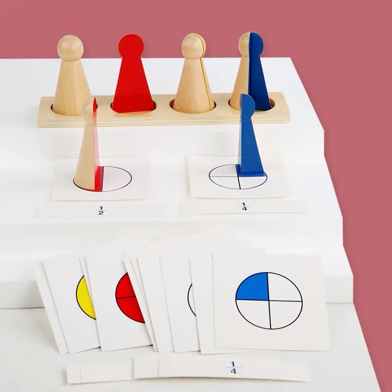 Montessori fraction skittles classroom activity setup with fraction cards and wooden skittles for visual and tactile math practice