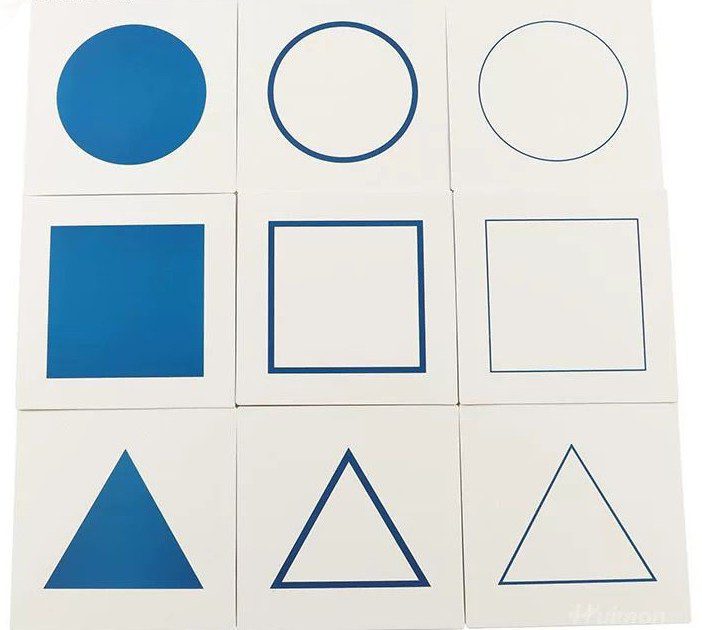 Montessori geometric cabinet demonstration tray cards showing circle, square, and triangle in solid, thick outline, and thin outline formats for shape matching