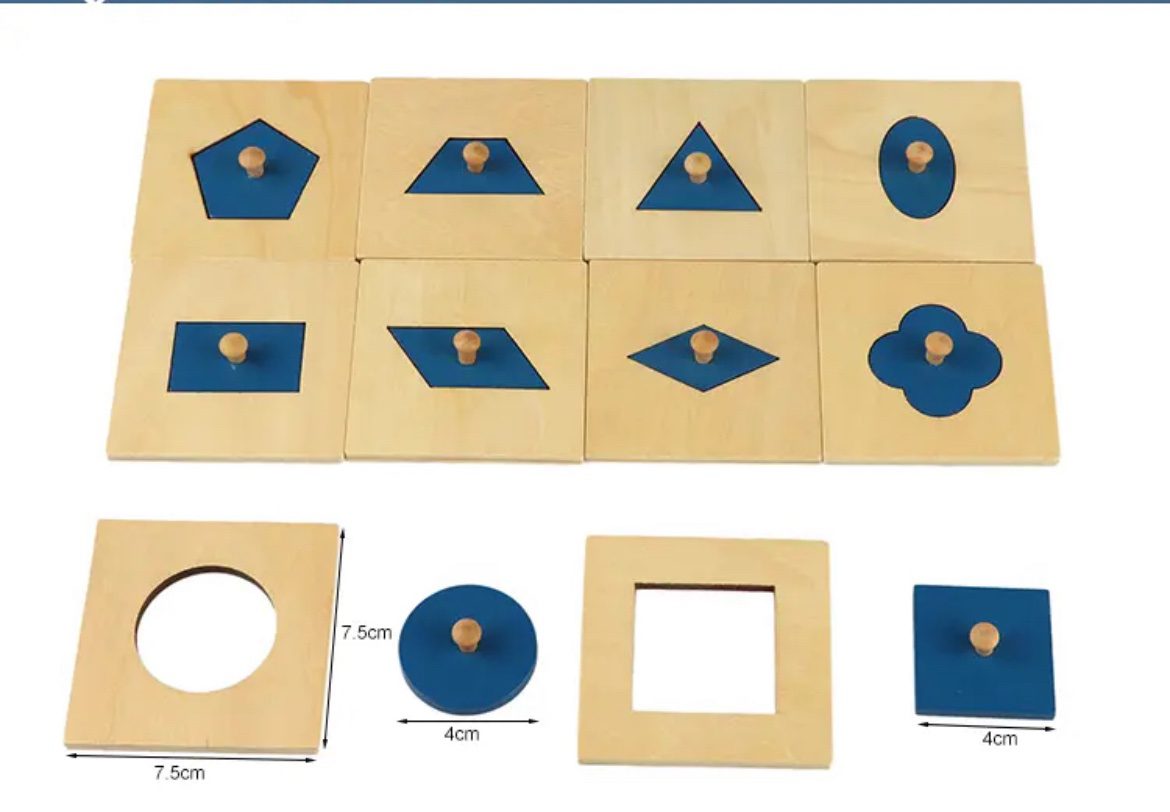Close-up of Montessori geometric insets showing individual inset frames and measurements for circle, square, and small blue knobbed shapes.