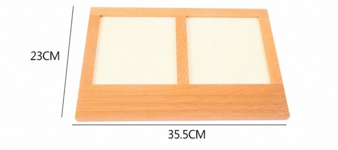 Montessori dual-slot metal inset tracing tray showing dimensions 35.5 cm by 23 cm, made of smooth wooden material used for writing exercises.