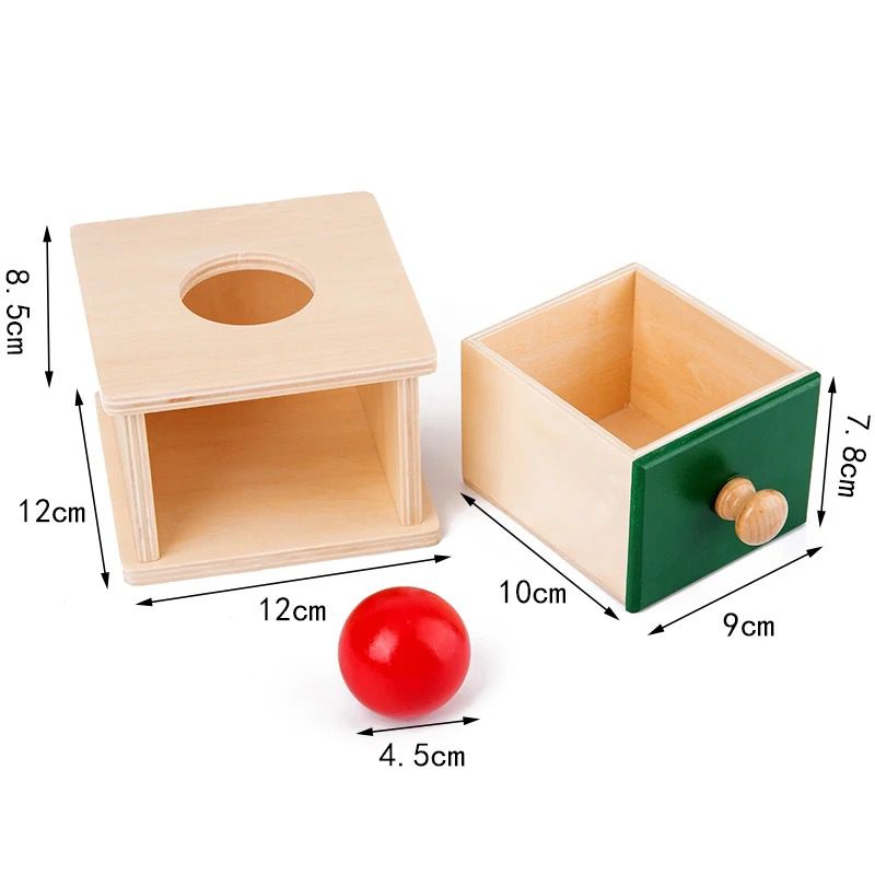 Montessori ball and coin drop box with detailed product dimensions for educational toy buyers