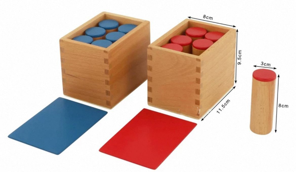 Montessori sound boxes showing size dimensions, wooden cylinders, and colored lids for sound matching activities