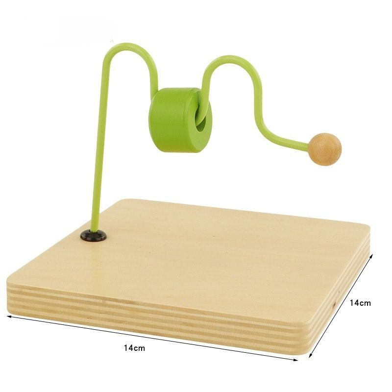 Montessori horizontal dowel serpentine with wooden base showing size and bead movement for fine motor coordination