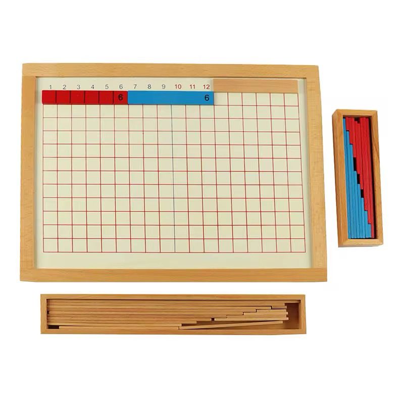 Complete Montessori Subtraction Strip Board set showing red and blue strips arranged on the grid for early math learning.