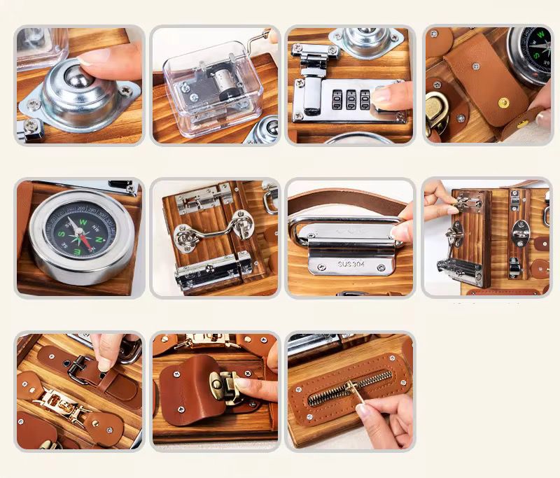 Wooden Busy Board with Musical Box, Compass and Latches - Fine Motor and Practical Life Learning Material