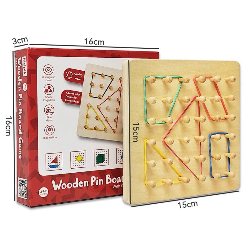 Wooden geoboard with product box showing dimensions and colorful elastic band patterns for shape-building activities.