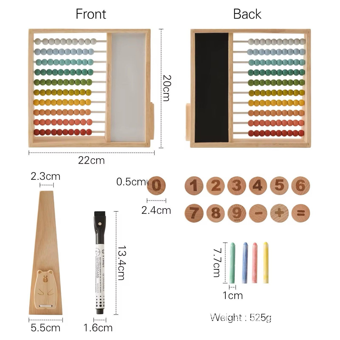 Abacus math learning toy set with chalk, markers, and number pieces for children