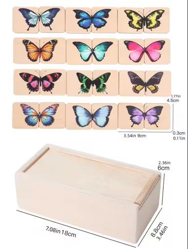 Wooden butterfly symmetry matching puzzle set with colorful butterfly pieces