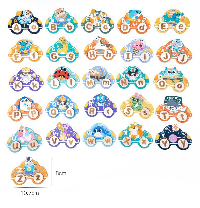 Wooden Alphabet Car Match Letters – Uppercase and Lowercase Matching and Word Formation Tray