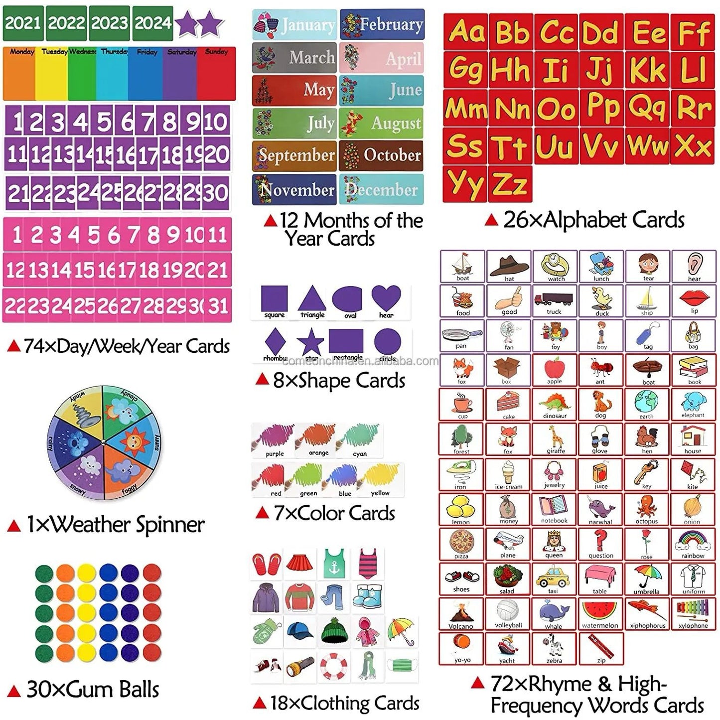 Circle time wall chart with days months colors shapes and number learning cards