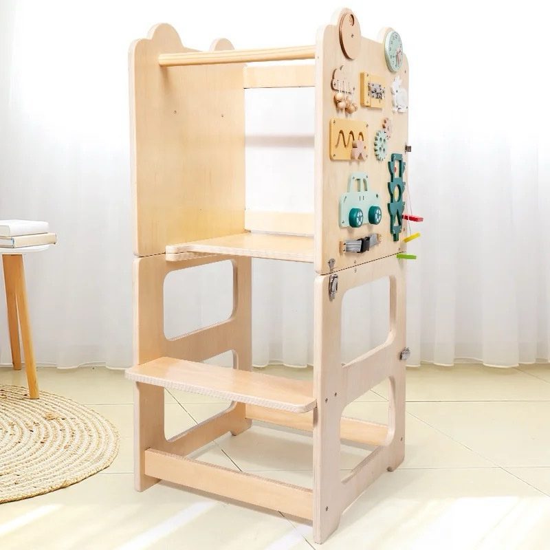 Foldable multifunctional kitchen helper learning tower showing sturdy wooden frame and adjustable safety structure for toddlers