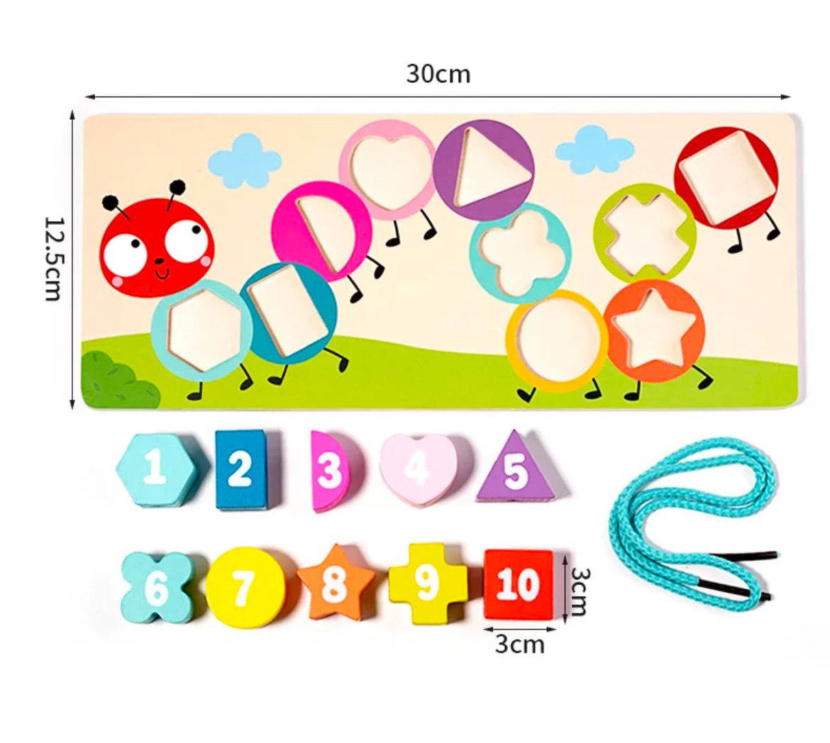 Montessori Counting and Shape Sorting Toy – Wooden Lacing Board for Preschool Math and Fine Motor Development