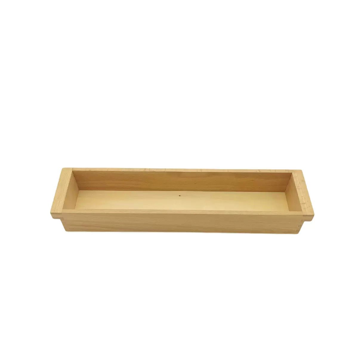 Empty rectangular wooden storage tray displayed on a plain light background.