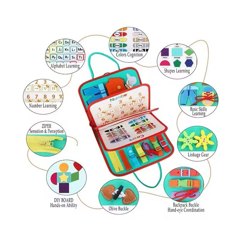 Felt Busy Board for Toddlers – Practical Life Skills Travel Toy with Space, Mermaid and Dino Themes