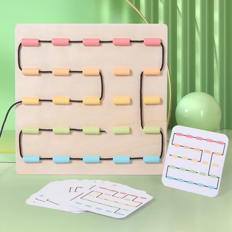 Montessori Fine Motor Threading Game – Pattern Cards and Bead Lacing Board for Toddlers