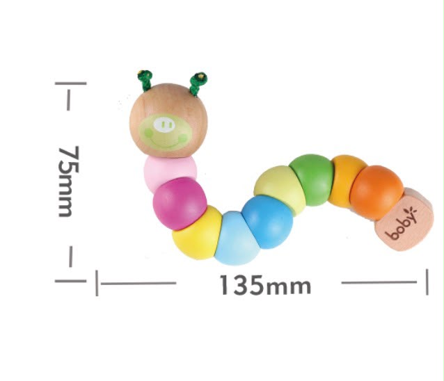 Montessori wooden flexible caterpillar toy with colorful articulated beads and product dimensions, promoting grasping, sensory development, fine motor skills, and early learning for young children.