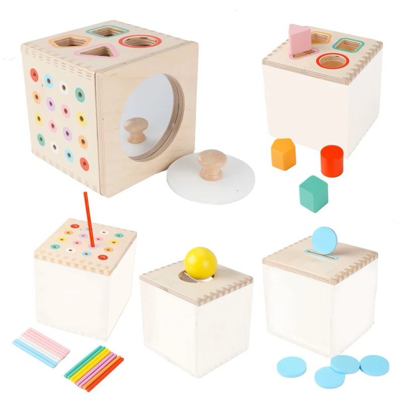 5-in-1 Wooden Activity Cube - Coin Drop, Shape Sorting, Stick Matching, Puzzle and Mirror Drum