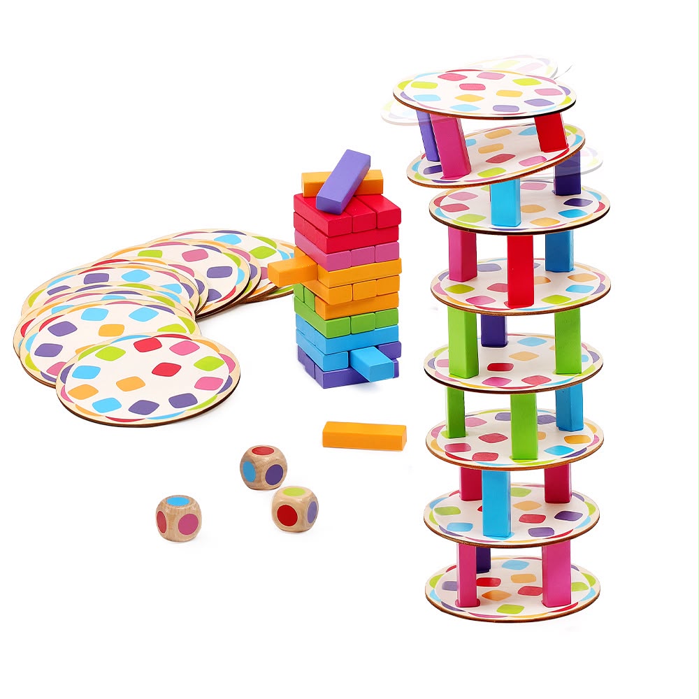 Montessori Open-Ended Balance Stacking Game with colourful wooden pieces