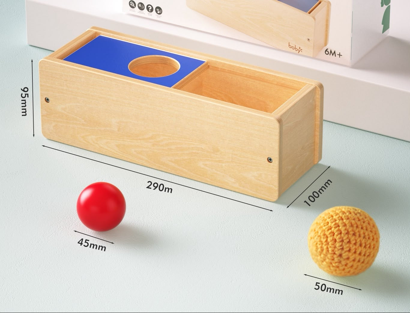 Montessori Sliding Lid Box with Wooden Ball and Knit Ball