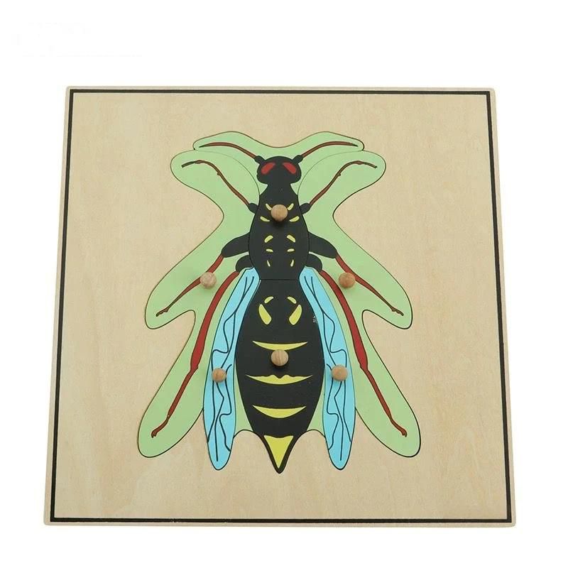 Montessori zoology wasp puzzle with wooden knobs for insect learning and fine motor skill development