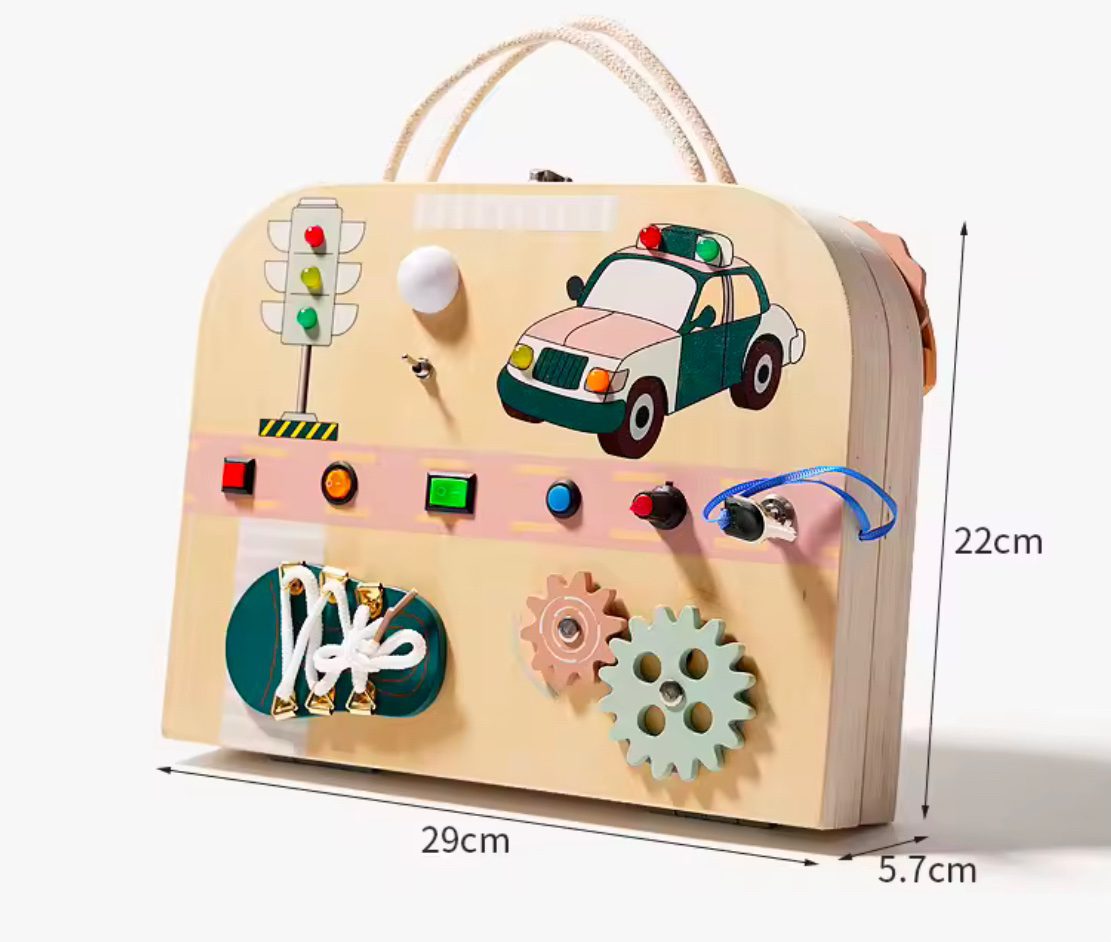 Portable wooden LED busy board with handle, traffic and weather sensory toy for toddlers and travel play