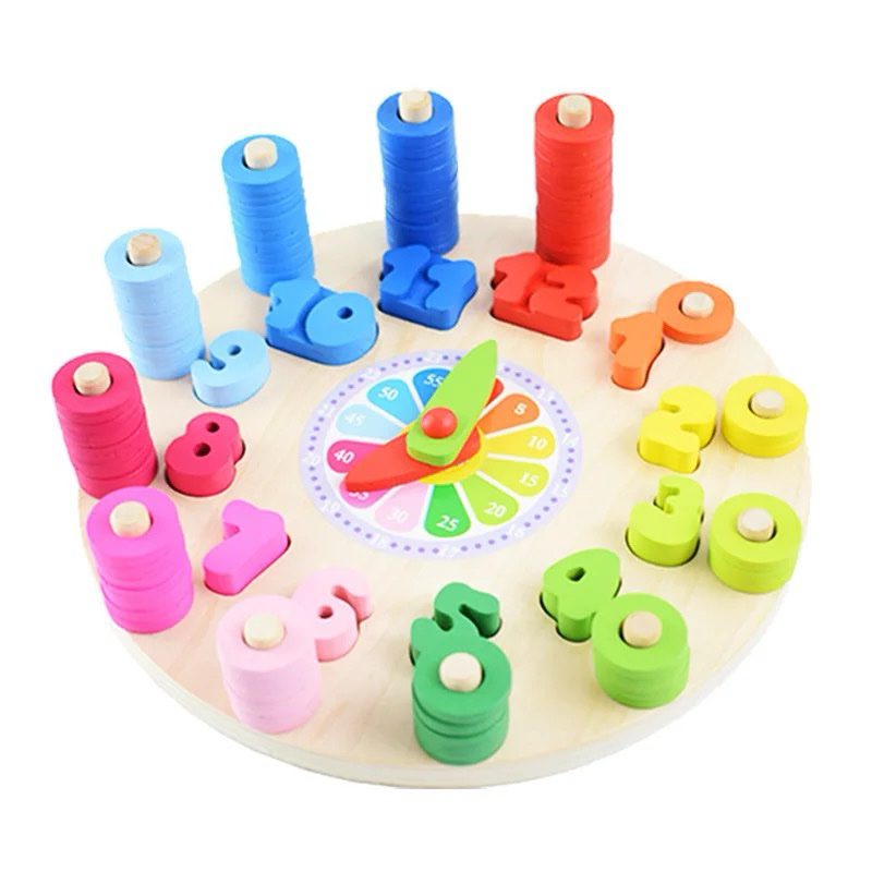 Wooden clock puzzle with number counting pegs for toddlers time and math learning