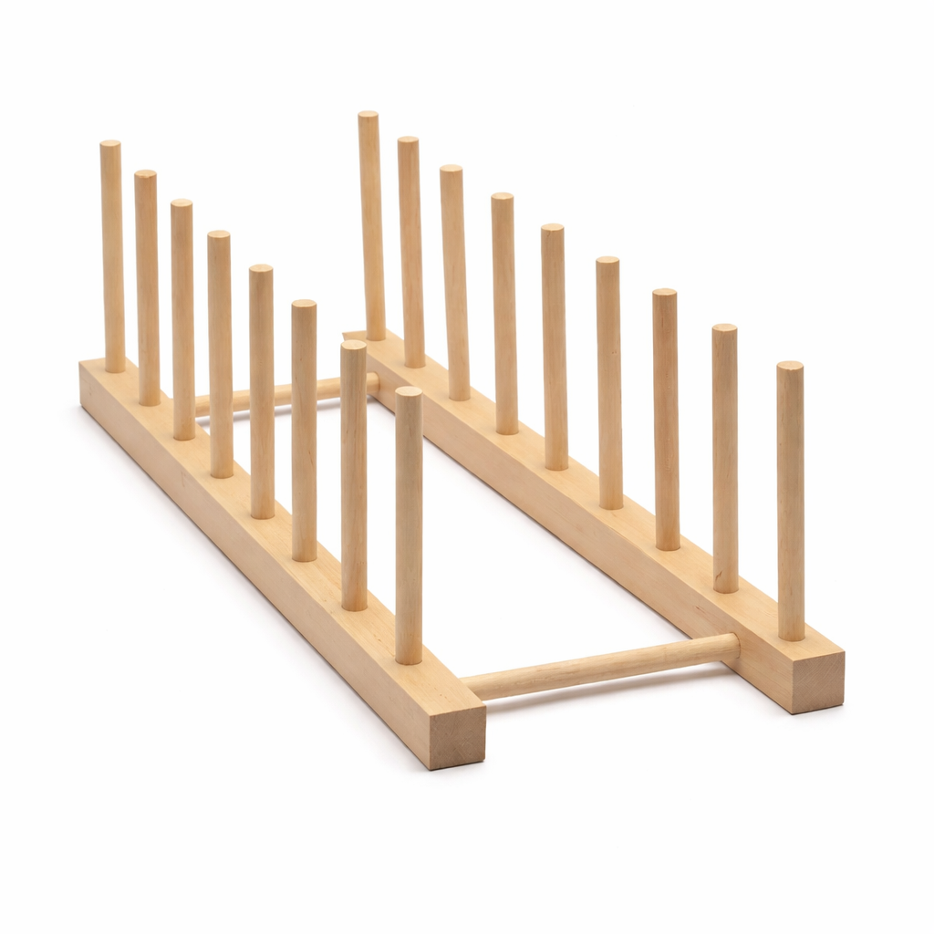 Wooden display stand organizer with multiple vertical slots for holding envelopes, folders, pouches, and documents on a desk