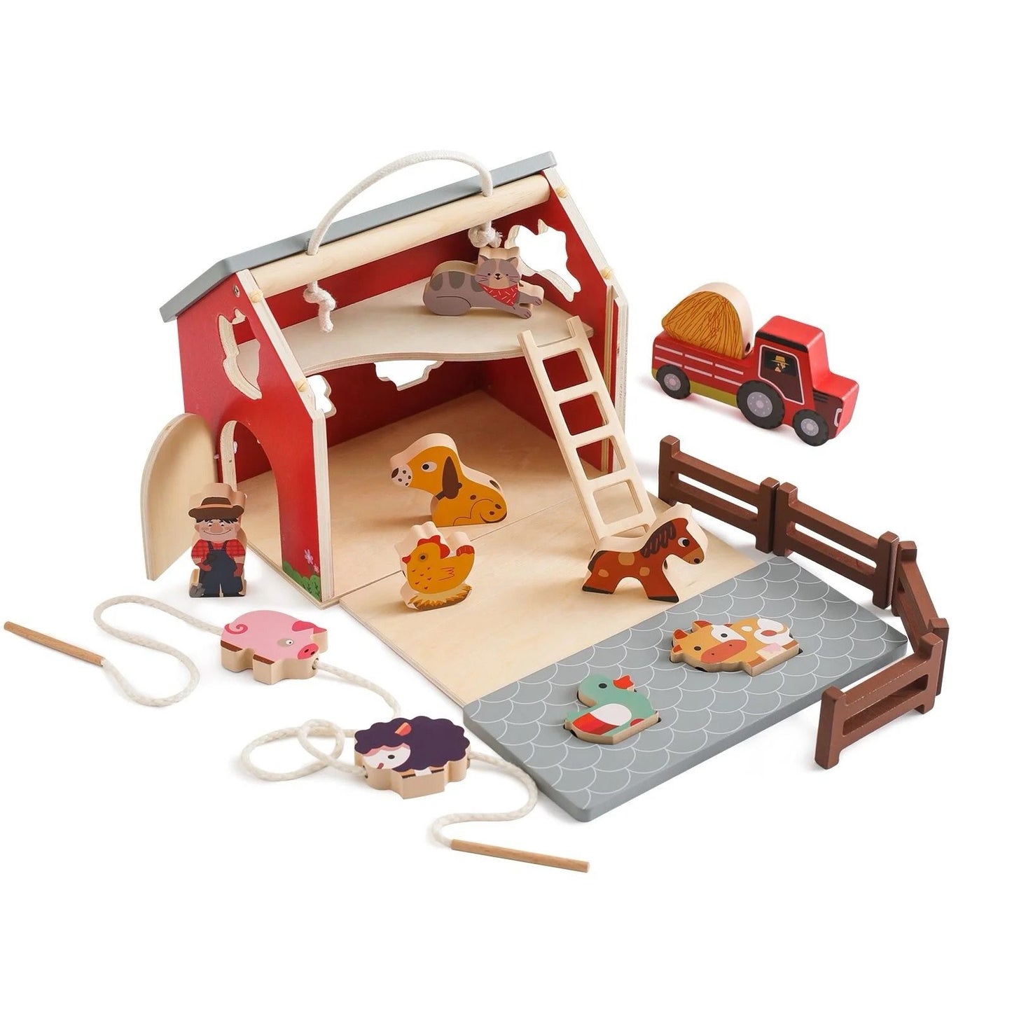 Wooden Farm Pretend Play Set – Barn, Animals and Tractor Toy with Lacing Activity for Toddlers