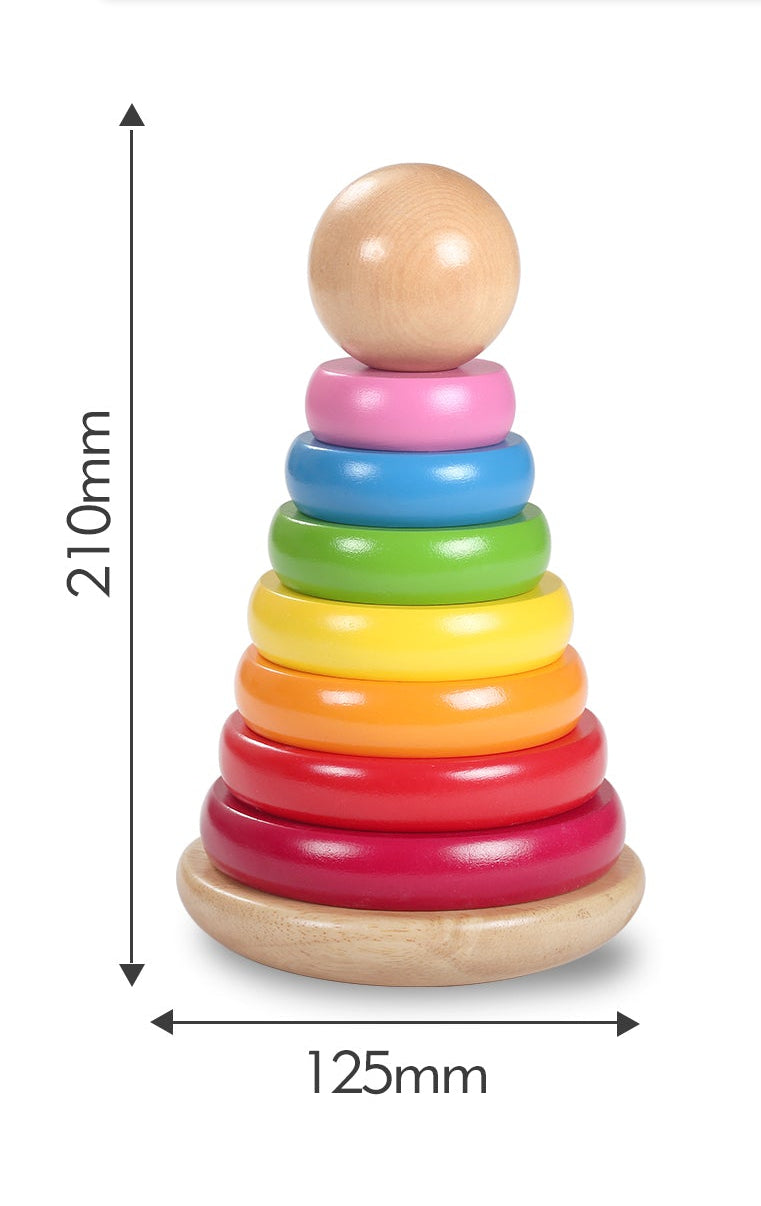 Wooden rainbow stacker with graduated stacking discs