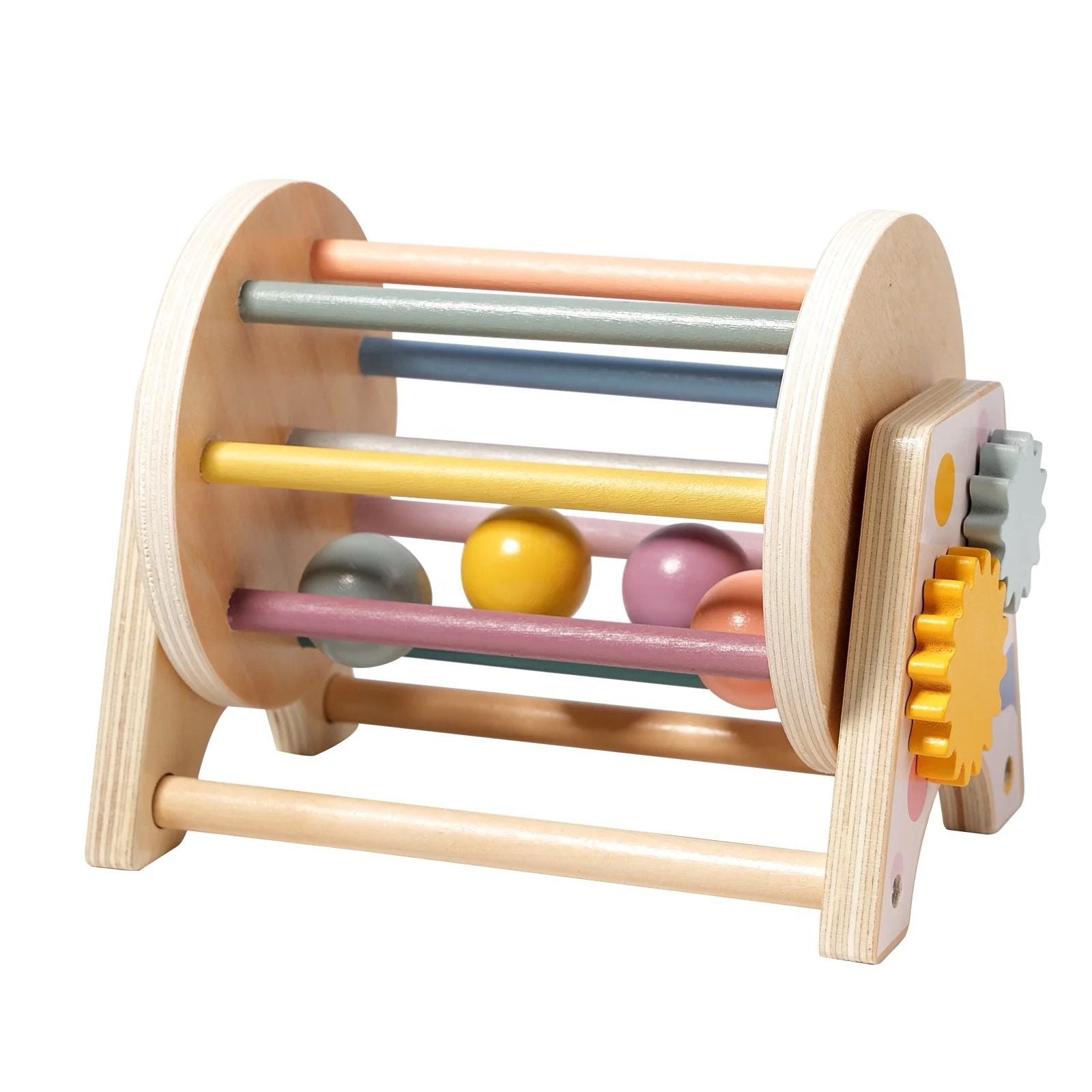 3-in-1 wooden ball spinning drum sensory toy with rotating beads, gears and mirror for infants and toddlers