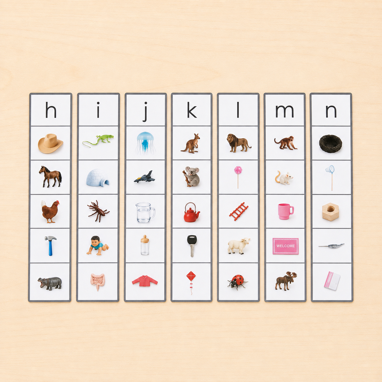A-Z Phonics Object Matching Set ( 130 miniature objects) for Beginning Sounds with Alphabet Strips | 5 objects per letter