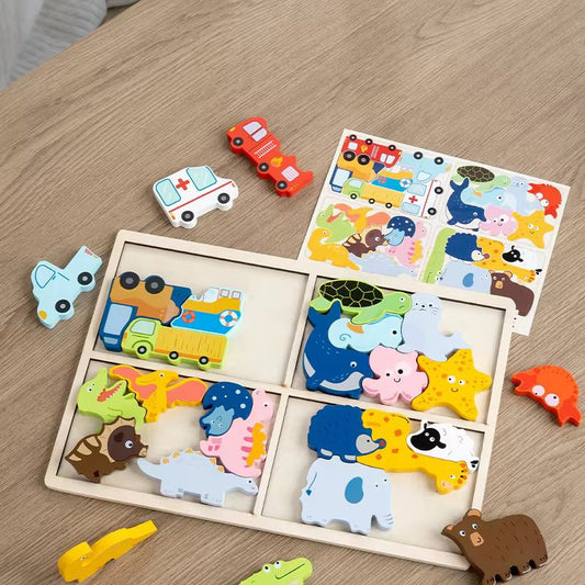 4-in-1 wooden matching puzzle board with animals, vehicles, dinosaurs, and sea life