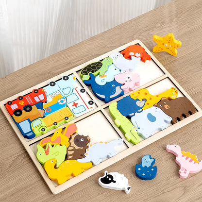 wooden matching puzzle board for toddlers with four themed sections