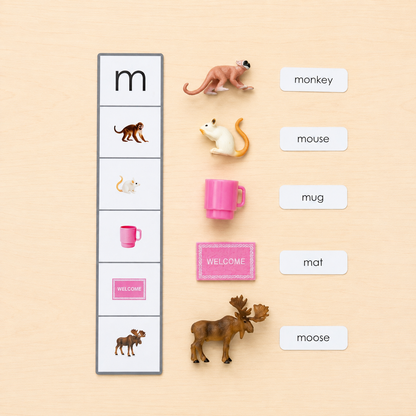 A-Z Phonics Object Matching Set ( 130 miniature objects) for Beginning Sounds with Alphabet Strips | 5 objects per letter