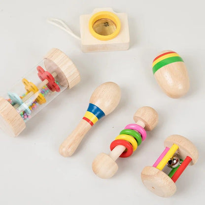 Wooden Baby Rattle Toy Set – 6-Piece Sensory Development Toys for Infants and Toddlers