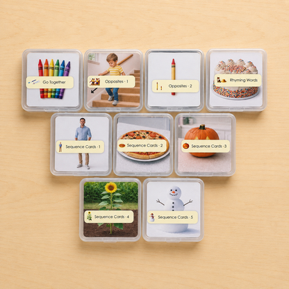 Montessori Oral Language Card Set showing all 9 activity boxes including opposites rhyming words and sequence cards