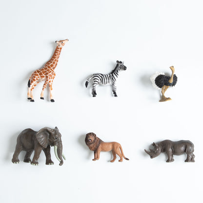 Set of African animal figurines including giraffe, zebra, ostrich, elephant, lion and rhinoceros for toddler matching work