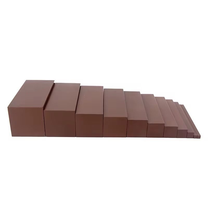Montessori Brown Stairs Mini set with 10 brown prisms arranged from thick to thin for sensorial size comparison