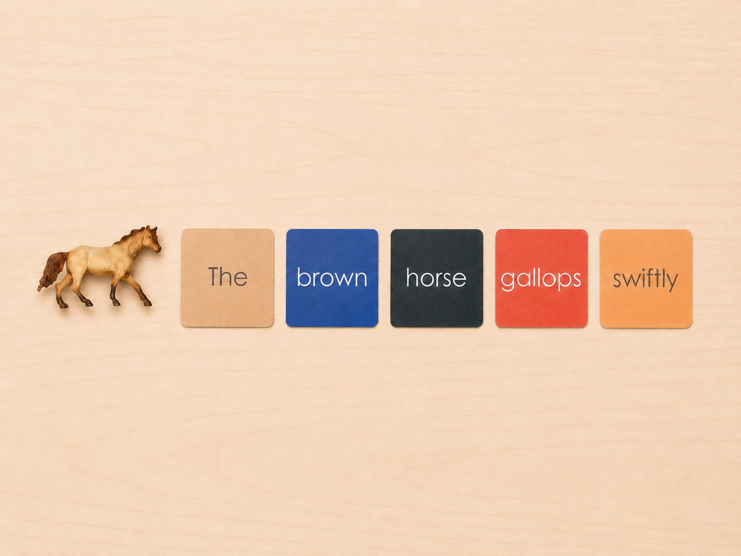 Montessori Non-Phonetic Farm Game colour-coded sentence cards showing the brown horse gallops swiftly with horse figurine
