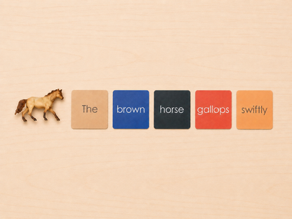 Montessori Non-Phonetic Farm Game colour-coded sentence cards showing the brown horse gallops swiftly with horse figurine