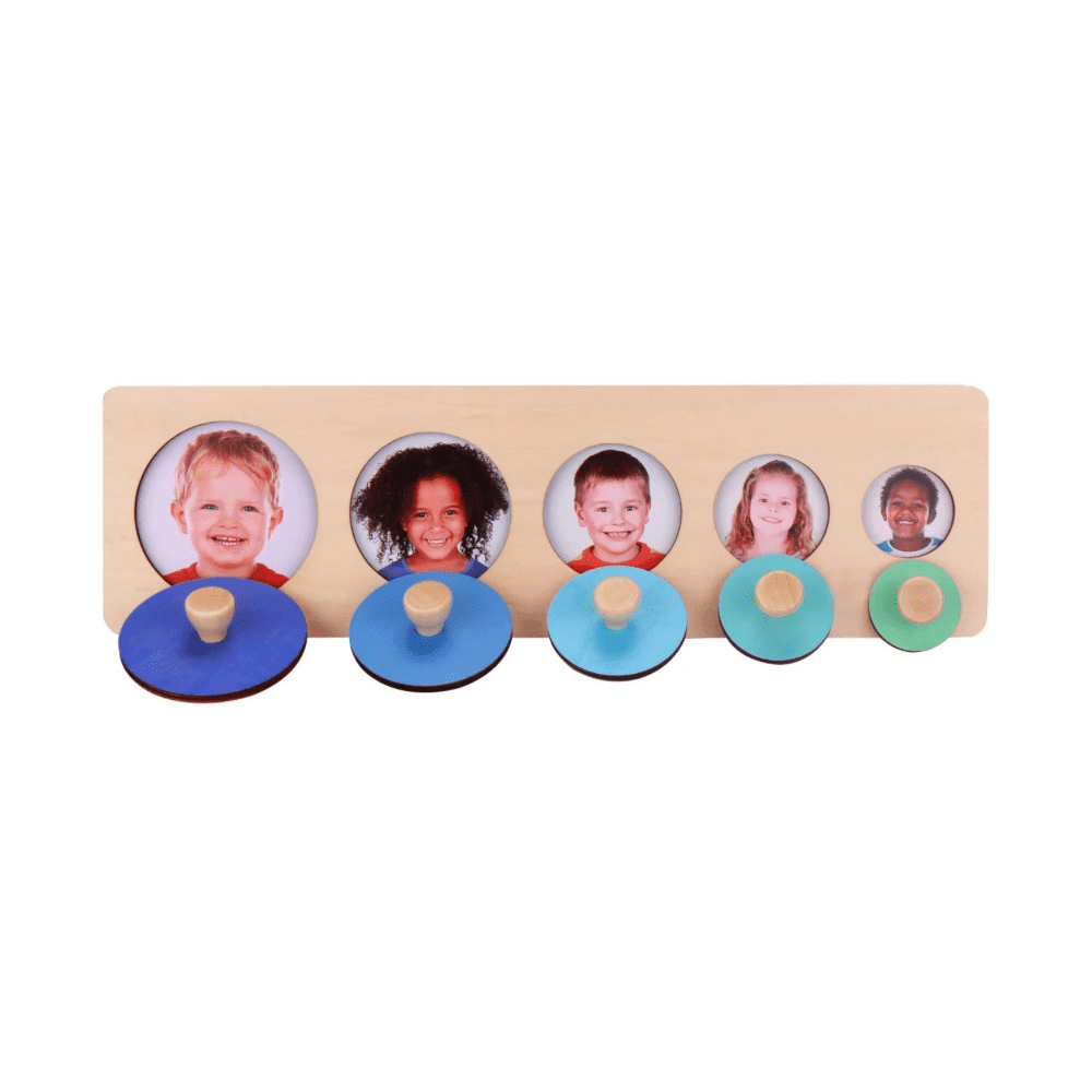 Montessori circle peg puzzle with child facial expressions for emotional recognition and size grading activity