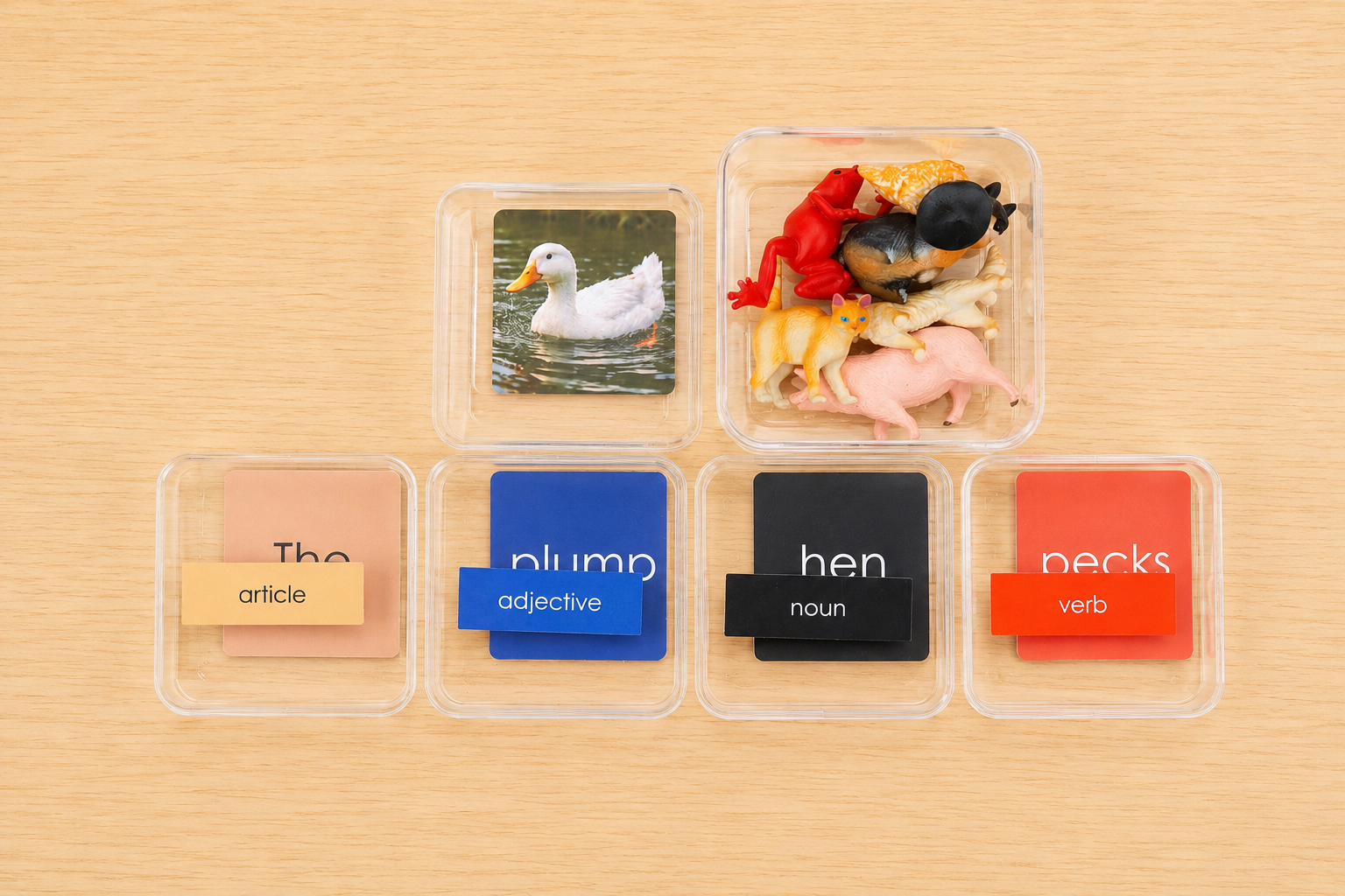 Montessori Phonetic Farm Game clear compartment boxes showing duck picture card with adjective noun and verb cards