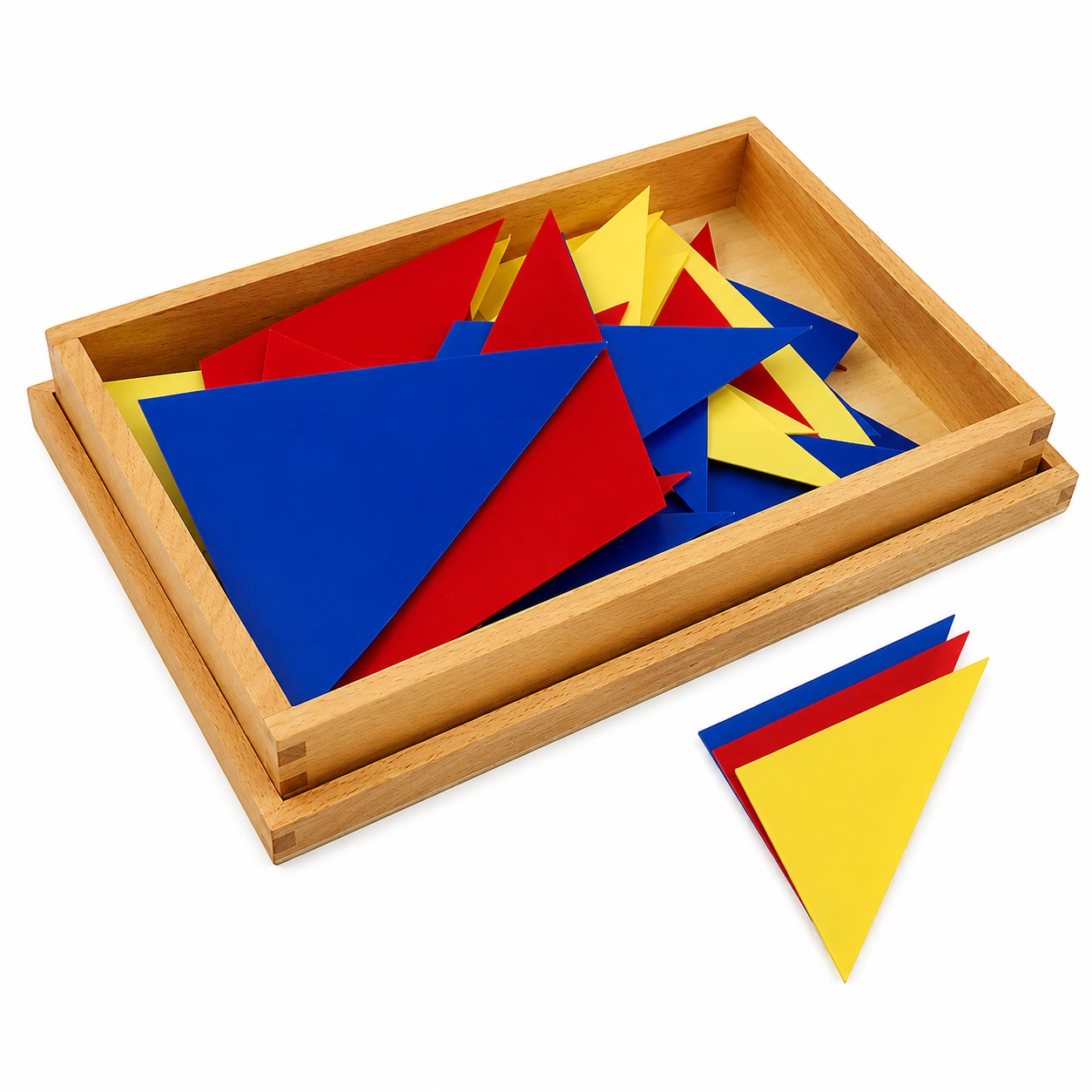Wooden Montessori geometry tray with colorful triangular pieces and an extra stacked triangle set placed beside the tray.