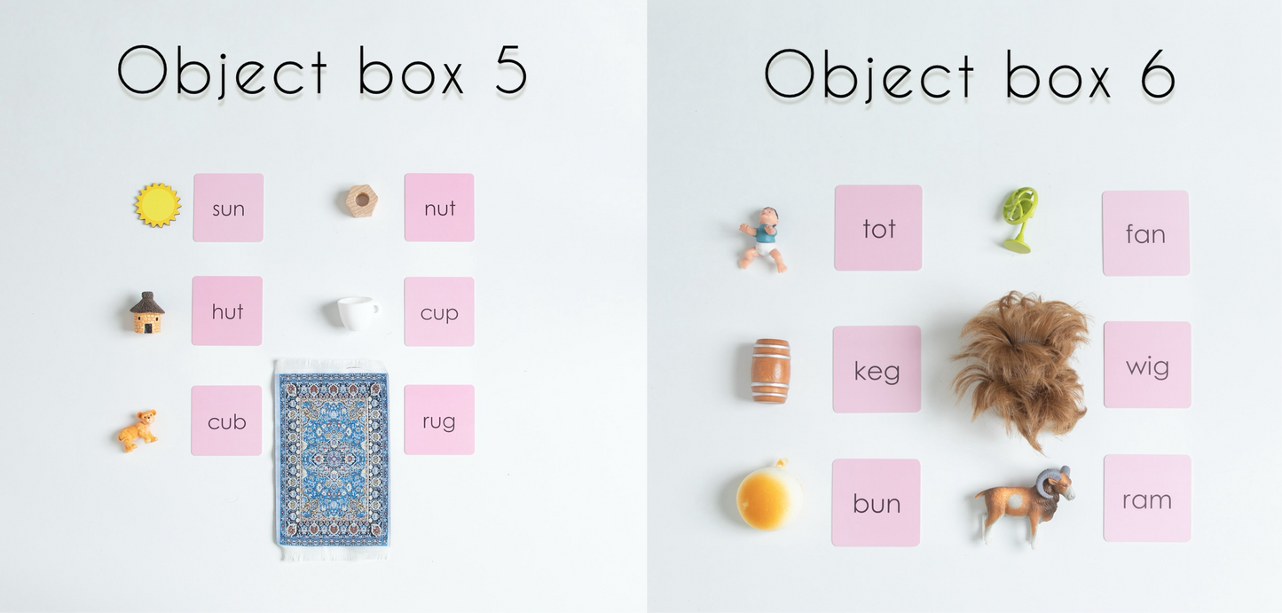 Montessori Pink Series Object Boxes | Short Phonetic Language Material | Composing and reading CASA material