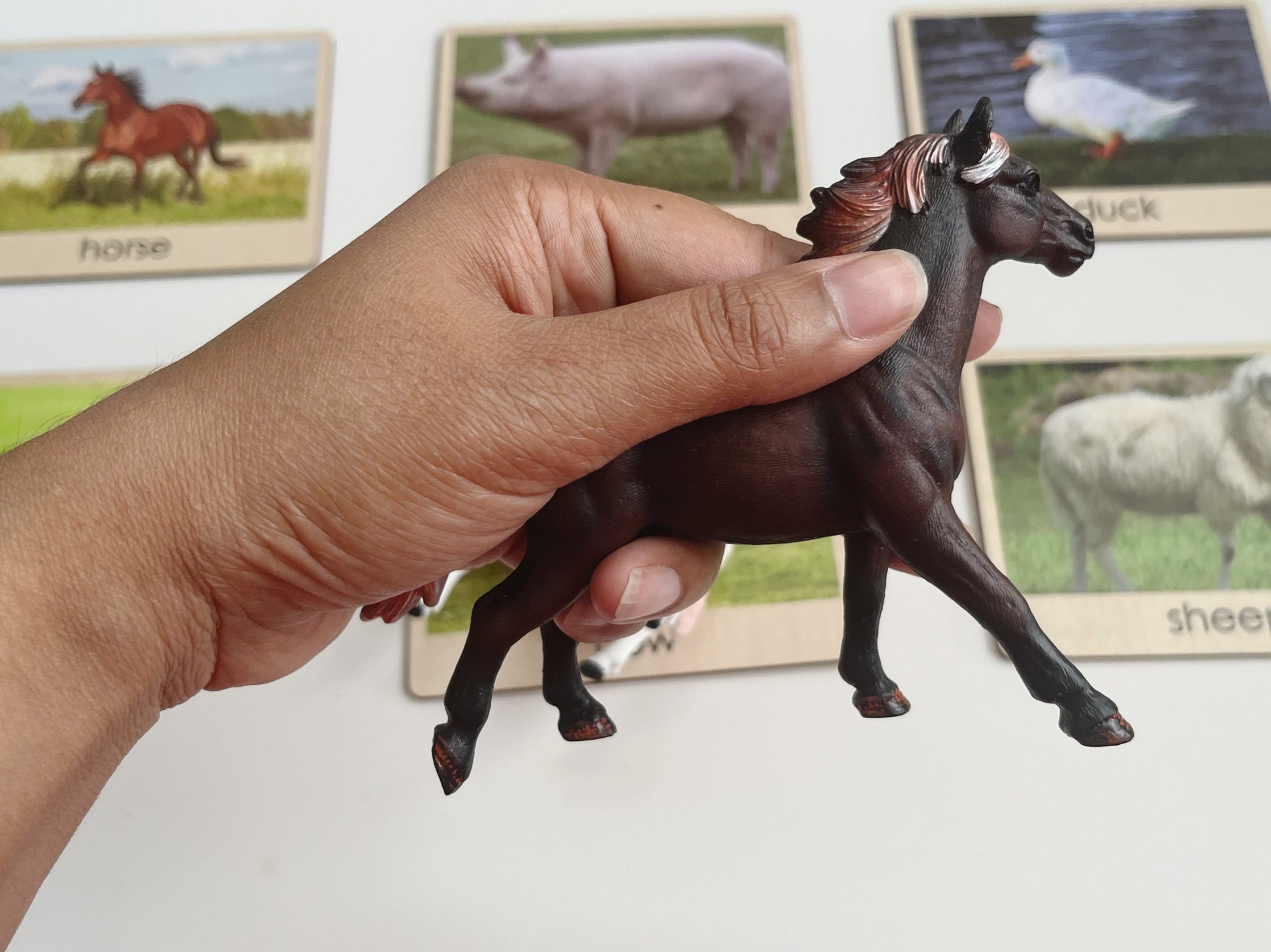 Child-size farm horse figurine shown in hand for scale during toddler matching activity